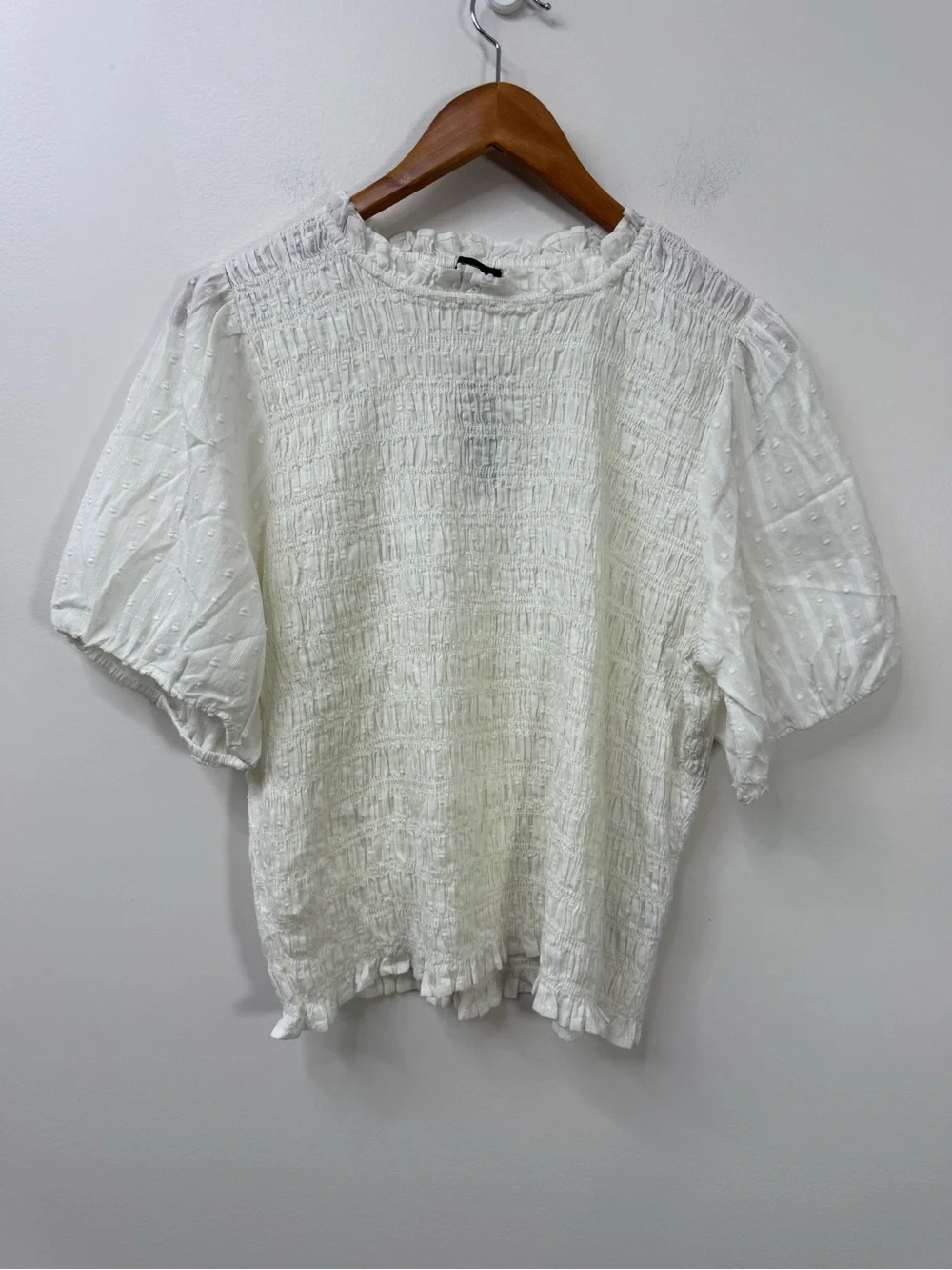 J. Crew White Smocked Puff-Sleeve Ruffle-Trim Blouse size XL